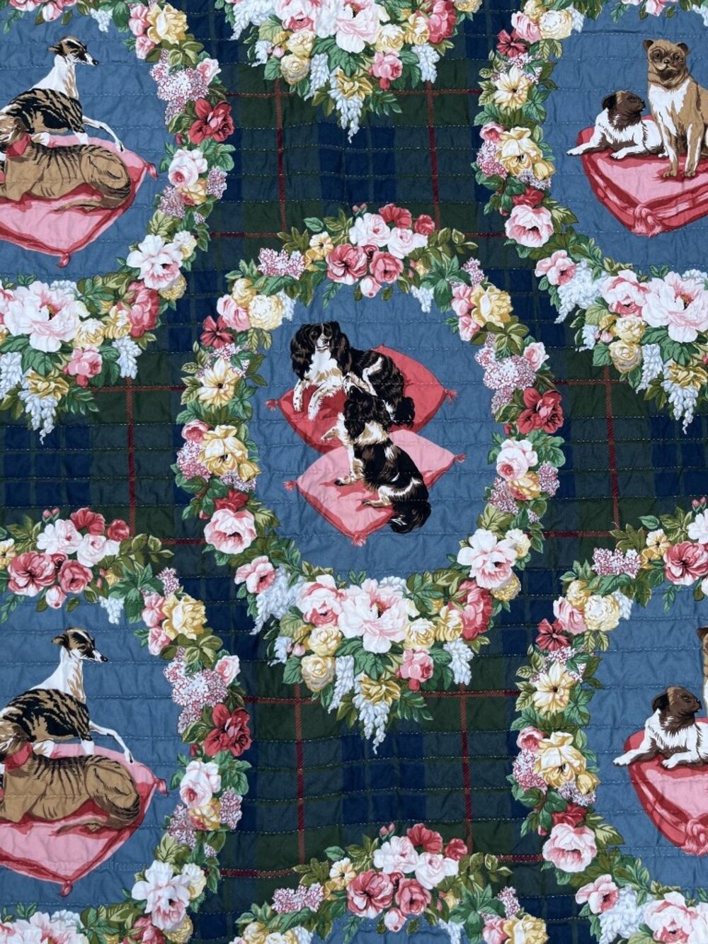 Dog-Themed Vintage Quilt With Floral Wreaths & Staffordshire-Style Prints Cotton